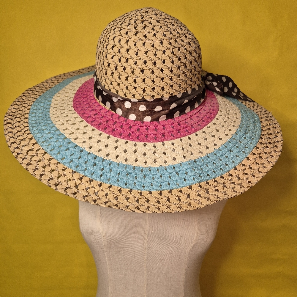 Colorful Straw Sun Hat with Polka Dot Ribbon
